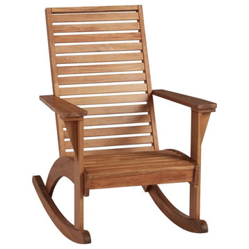 Linon Capers Outdoor Acacia Wood Rocking Chair with Slatted Back in Natural Oil