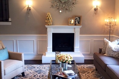 Mid-sized elegant open concept dark wood floor living room photo in Chicago with gray walls, a standard fireplace and a wood fireplace surround