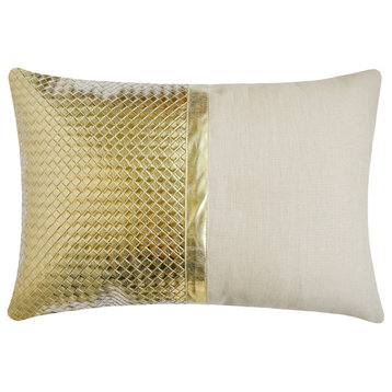 Gold Faux Leather 12"x24" Lumbar Pillow Cover Patch Work, Solid - Lux Gold