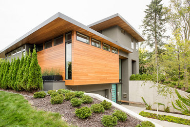 Design ideas for a modern two-storey grey exterior in Minneapolis with wood siding.