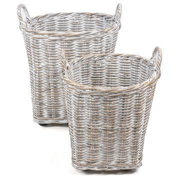 Rustic Rattan Nesting Baskets, Wheels&Handles, White Wash/Kubu Gray(Set of 2)