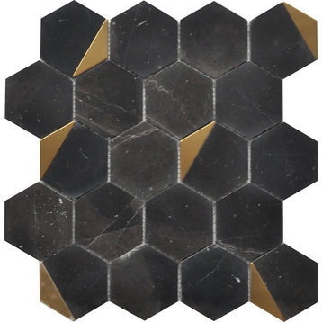 Mosaic Hexagon Tile Marble With Metal, Black Gold