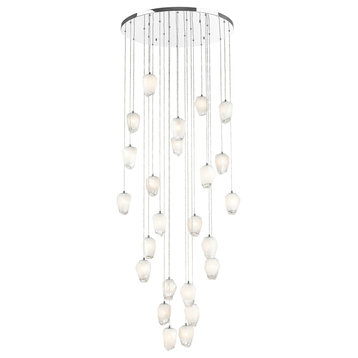 D32'' Round Chrome Flushed Chandelier With Hanging White Glass Pendants