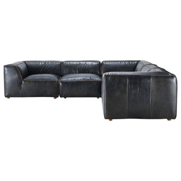 5 Piece Black Nubuck Top Grain Leather Classic L Shaped Modular Sectional Sofa