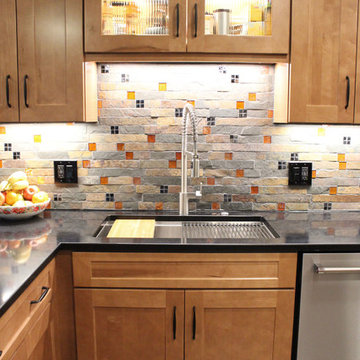 Waypoint Maple Spice Kitchen Cabinets w/ Fire & Ice Brick Mosaic Backsplash