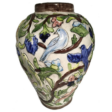 Antique Replica Vase featuring Birds in a Floral Setting