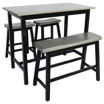 Pub Set, Rectangular Table With Rubberwood Chairs & Bench, Grey/Black