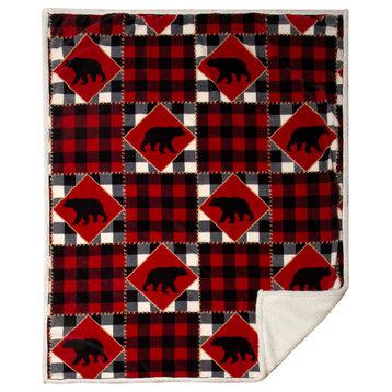 Lumberjack Bear Red Plaid Sherpa Throw Blanket, 54"x68"