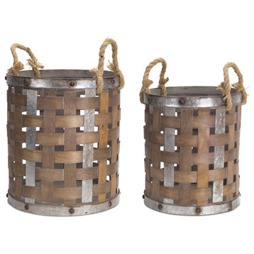 Pail with Rope Handle, 2-Piece Set, 14"H, 16"H Wood/Metal