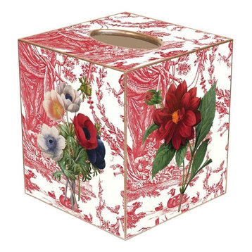 TB842-Red Flowers on Red Toile Tissue Box Cover