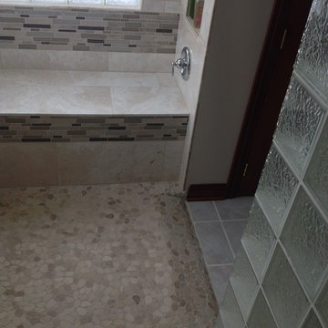 Barrier free ready for tile shower base and shower bench seat in handicap shower