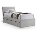 Meridian Furniture - Myles Upholstered Trundle Bed, Gray, Twin, Linen Textured Fabric - Add extra sleeping space or storage with this Myles grey linen textured fabric twin trundle bed. Upholstered in soft, durable linen textured fabric, it features a rolling trundle that accommodates up to an 8" thick twin mattress. The trundle's versatility allows it to be placed on either the right or left side, making it ideal for teen, tween, or guest bedrooms and dorm rooms. Practical and stylish, this trundle bed maximizes functionality while enhancing the aesthetic appeal of your room and maximizing space for sleepovers and overnight guests.