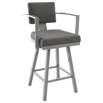 Amisco Akers Swivel Counter and Bar Stool, Grey Polyester / Metallic Grey Metal, Counter Height