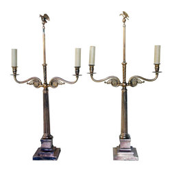 Pair of Neoclassical Silvered Metal Two-Light Candlestick Table Lamps - Products