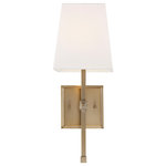 Nuvo Lighting - Highline - 1 Light Vanity - with White Linen Shade - Burnished Brass Finish - Satco's 60-6707 Highline wall sconce is a new classic. A slender arm supports a tapered square white linen shade covering the candelabra light, and mounted against a square back plate of burnished brass finish, echoing the design structure once more.