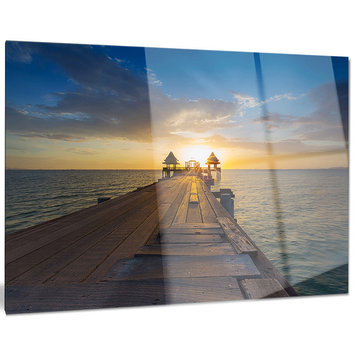 "Huge Wooden Pier into Setting Sun" Metal Wall Art, 28"x12"