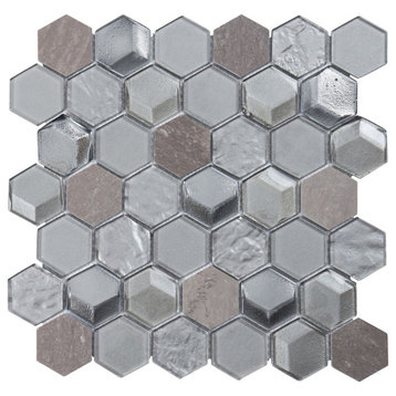 Hexagon Gray Stone Metal Gray Silver 3D Glass Mosaic Tile, 13"x13", Single Sheet