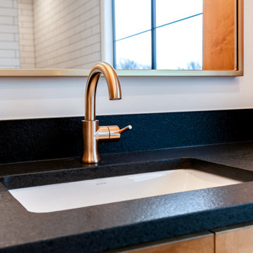 Modern Flower Mound Bath: Leathered Black Granite & Brushed Gold