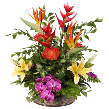 Exotic Tropical Silk Floral With Pebbles in Glass Bowl