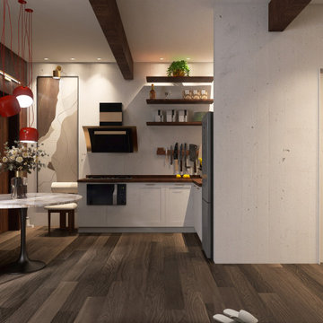 Open-Plan Industrial Kitchen with a Compact Dining Area