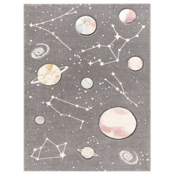 Kids Rug With Planets and Stars, Gray, 3'11"x5'7"