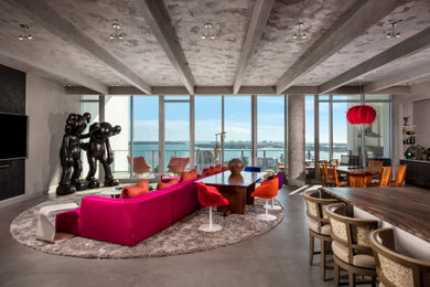 Living room - huge contemporary formal and enclosed gray floor, exposed beam and wall paneling living room idea in Tampa with gray walls, no fireplace and a wall-mounted tv