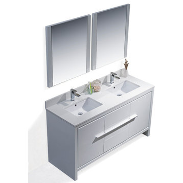 Milan 60" Double Vanity Set With Mirrors, Glossy White
