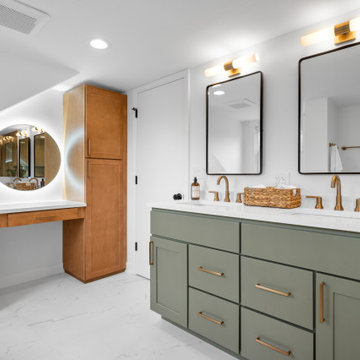 Sage Green Double Vanity with Makeup Station and Storage Tower