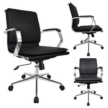 Black Modern Ergonomic Executive Solid Mid Back PU Leather With Arm