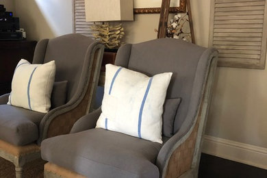 Inspiration for a transitional formal and open concept dark wood floor and brown floor living room remodel in Houston with beige walls, no fireplace and no tv