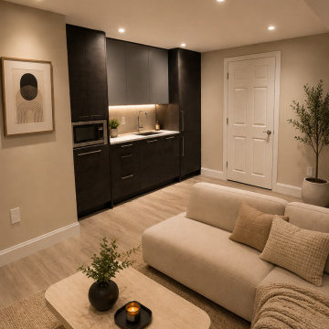 Modern Basement Living Room with Kitchenette