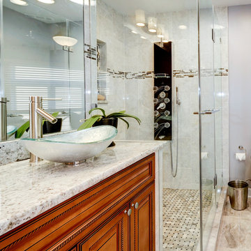 Elegant Master Bathroom Remodel with Quartz-Granite Hybrid Vanity and Spa Shower