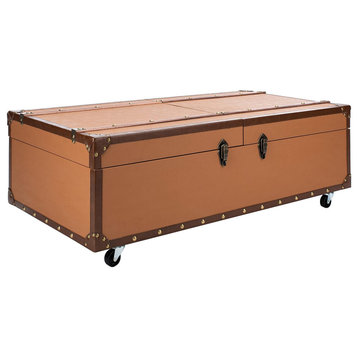 Unique Coffee Table, Trunk Design With Sliding Top & Inner Wine Rack, Cognac