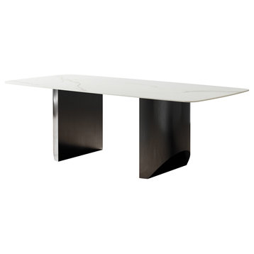 Modern Snow-White Slate Top Dining Table With Double Pedestal, 62.99"
