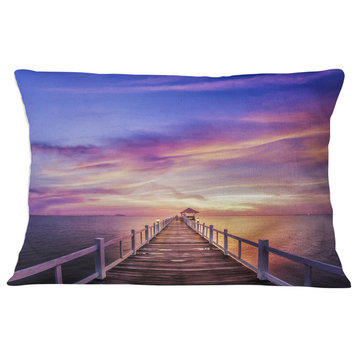 Wooden Bridge under Purple Sky Pier Seascape Throw Pillow, 12"x20"