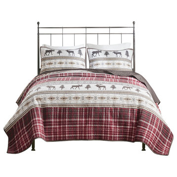 Woolrich Winter Valley Oversized 3 PC Microfiber Quilt Set, Red/Brown