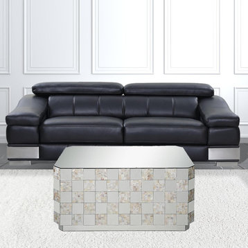 Contemporary Coffee Table, Unique Mirrored Design With Geometric Mosaic Accent