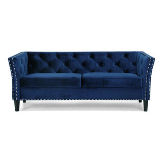 Contemporary Sofa, Midnight Blue Velvet Upholstery & Nailhead, Elegant ...