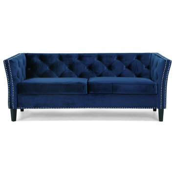 Contemporary Sofa, Midnight Blue Velvet Upholstery & Nailhead, Elegant Design