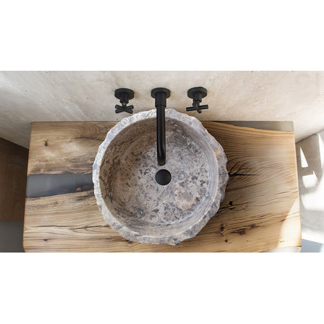 Silver Travertine Rustic Stone Sink Hand Chiseled Exterior (D)16" (H)6"