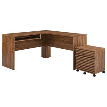 Render Wood Desk and File Cabinet Set, Walnut