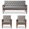 Fabric Upholstered Wooden 3-Seater Sofa 2 set of Wooden Lounge Chair, Gray