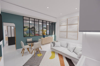 Imagen de sala de estar abierta minimalista de tamaño medio sin chimenea y televisor con paredes azules, suelo de baldosas de cerámica, suelo gris y papel pintado
