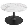 Retro Coffee Table, Black Pedestal Base & Round Beveled White Faux Marble Top
