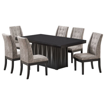 7 Piece Dining Set, Cappuccino Wood and Gray Fabric, Table and 6 Chairs