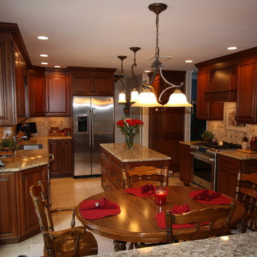 Rockaway NJ Traditional Kitchen - Medium Cherry -Granite- Tapered Wood Hood