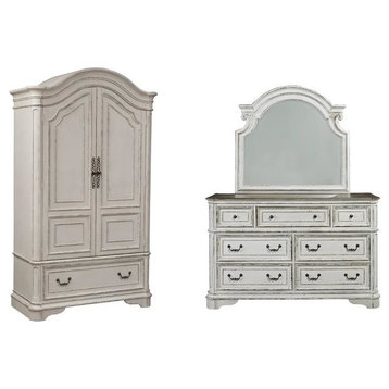 2 Piece Vinage Distressed Armoire and Dresser Mirror Set in White