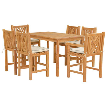 7 Piece Teak Chippendale 55" Rect Bistro Counter Set, 2 Arm and 4 Side Stools