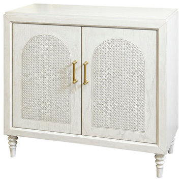 Cane Arch Two Door Chest White Faux Wood, Woven Cane Finish