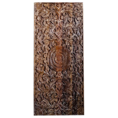 Consigned Indian Carved Lotus Sliding Door, Statement Ceiling, Custom Door